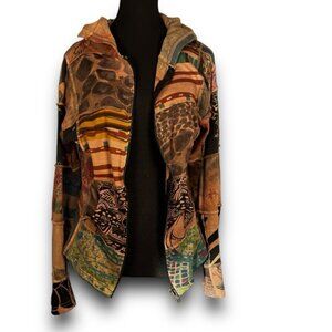 Boho Hoodie Patchwork Hooded Cardigan Cotton Zip Sweater Exposed Seam Earthtones